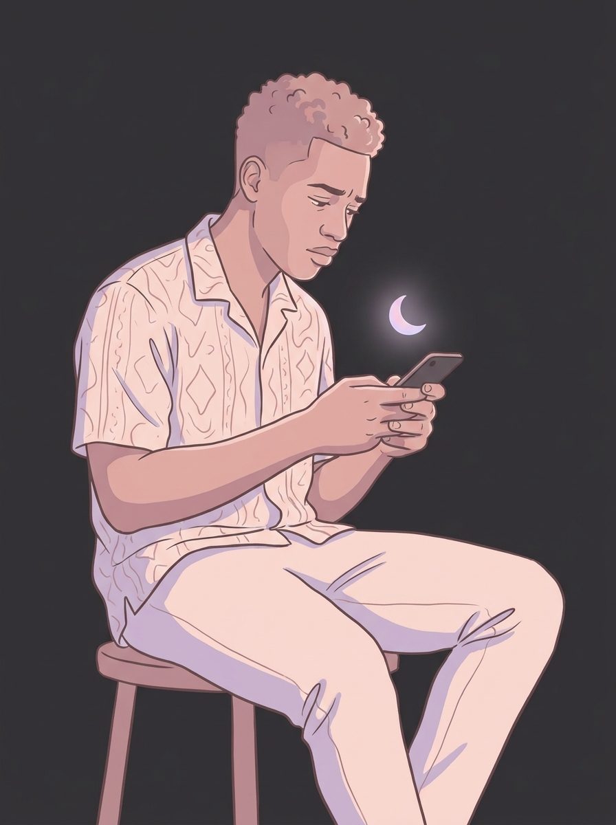 A man reading a gentle notification with a crescent motif