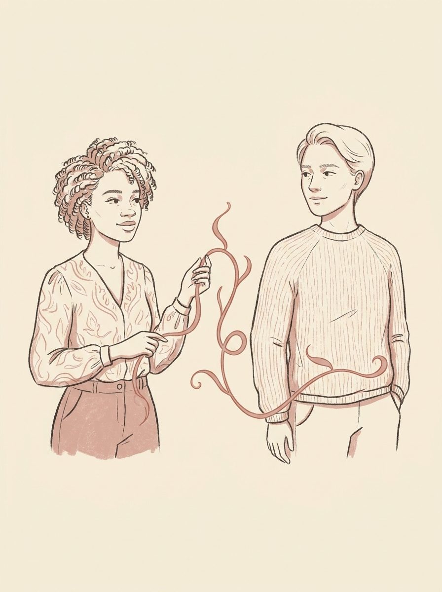 Two figures connected by a soft flowing line the woman holds