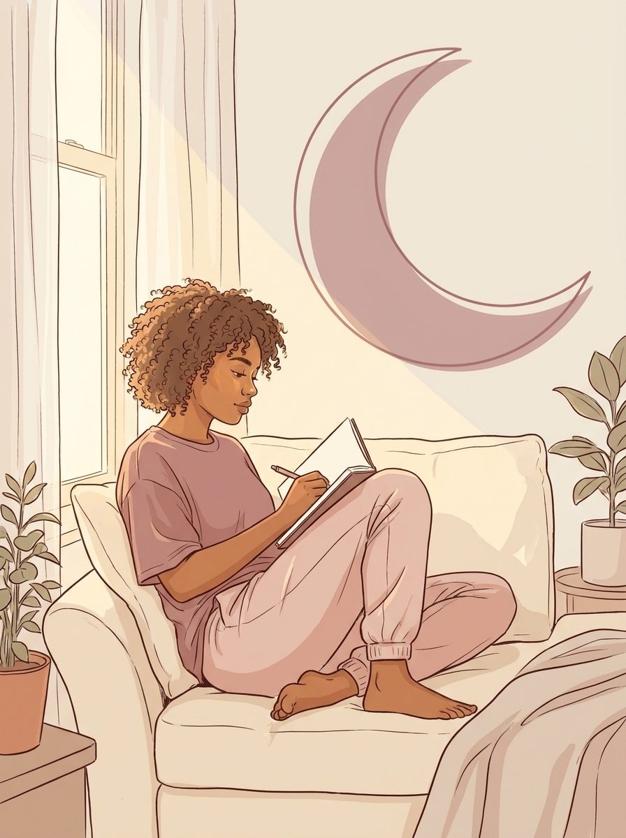 A young woman journaling, a crescent moon motif behind her